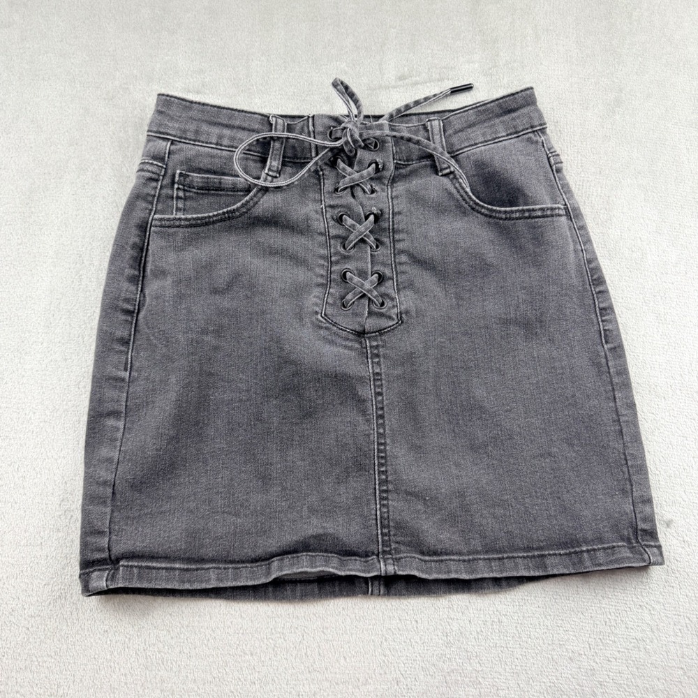 Garage Women's P/S Gray Denim Lace Up Front Mini Skirt